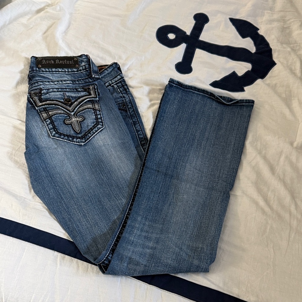 Rock Revival Blue Denim Jeans with Embroidered Pockets